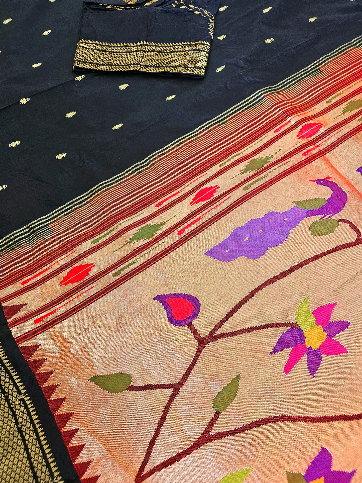 Pure Paithani Silk. - Black with bright red border