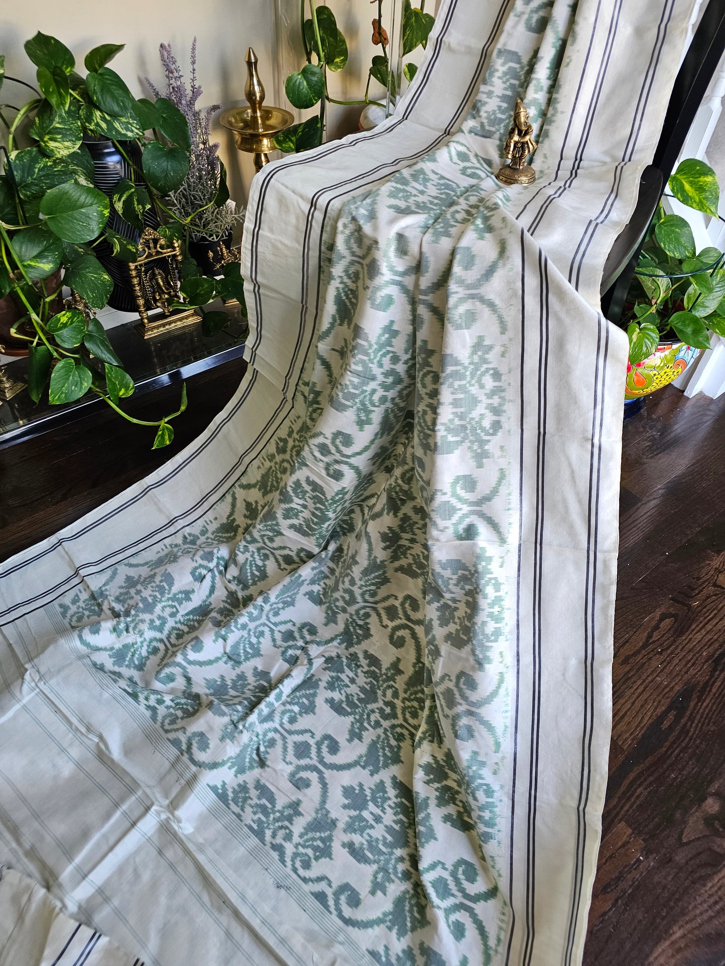 Pure ikkat silk with white and pistachio green