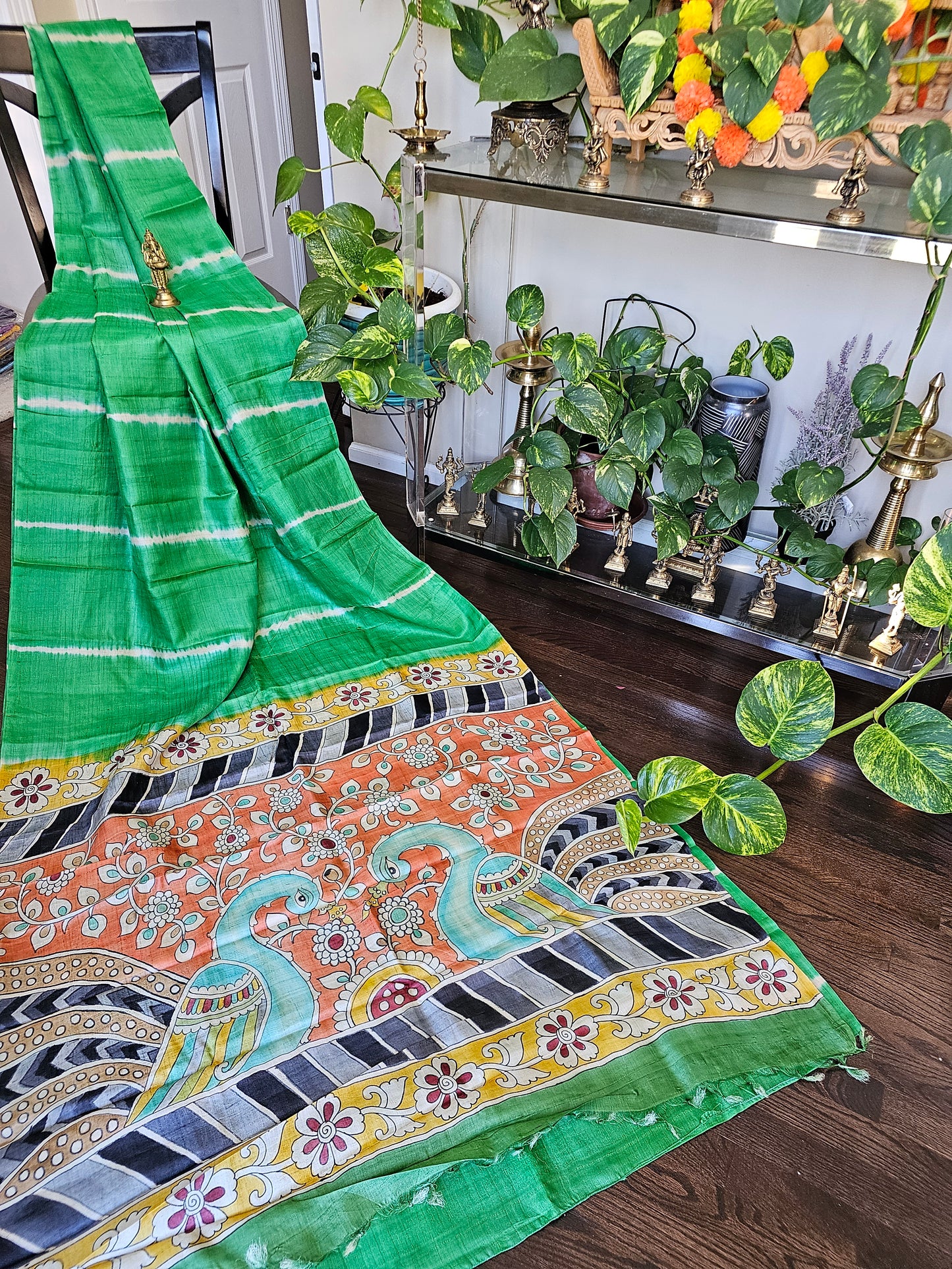 Pure Tussar Silk with lehari pattern with Kalamkari hand painted design on the pallu