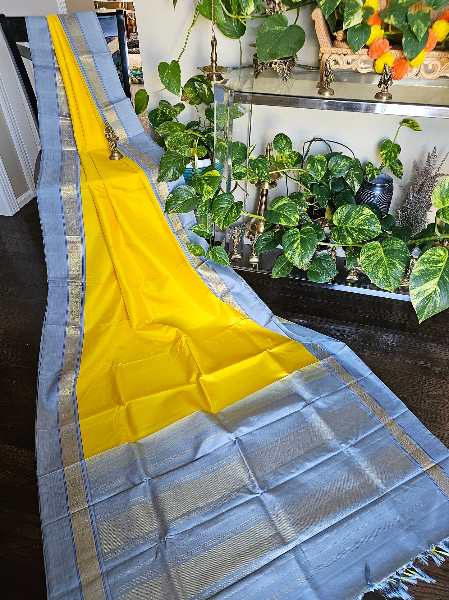 Pure Kanchi Pattu - Mango Yellow with Grey