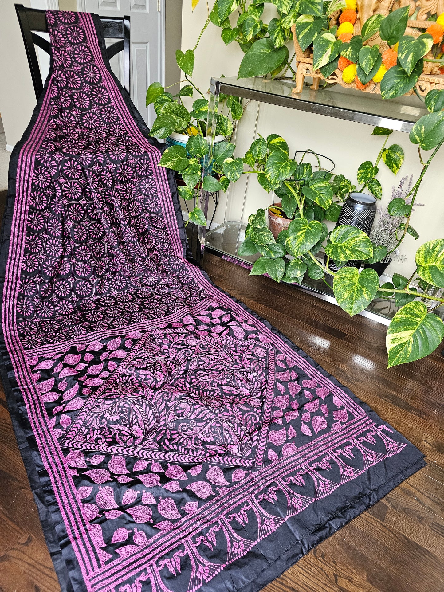 Presenting Kantha Stitch - Black and Shocking pink combination Heavy kantha work on the pallu