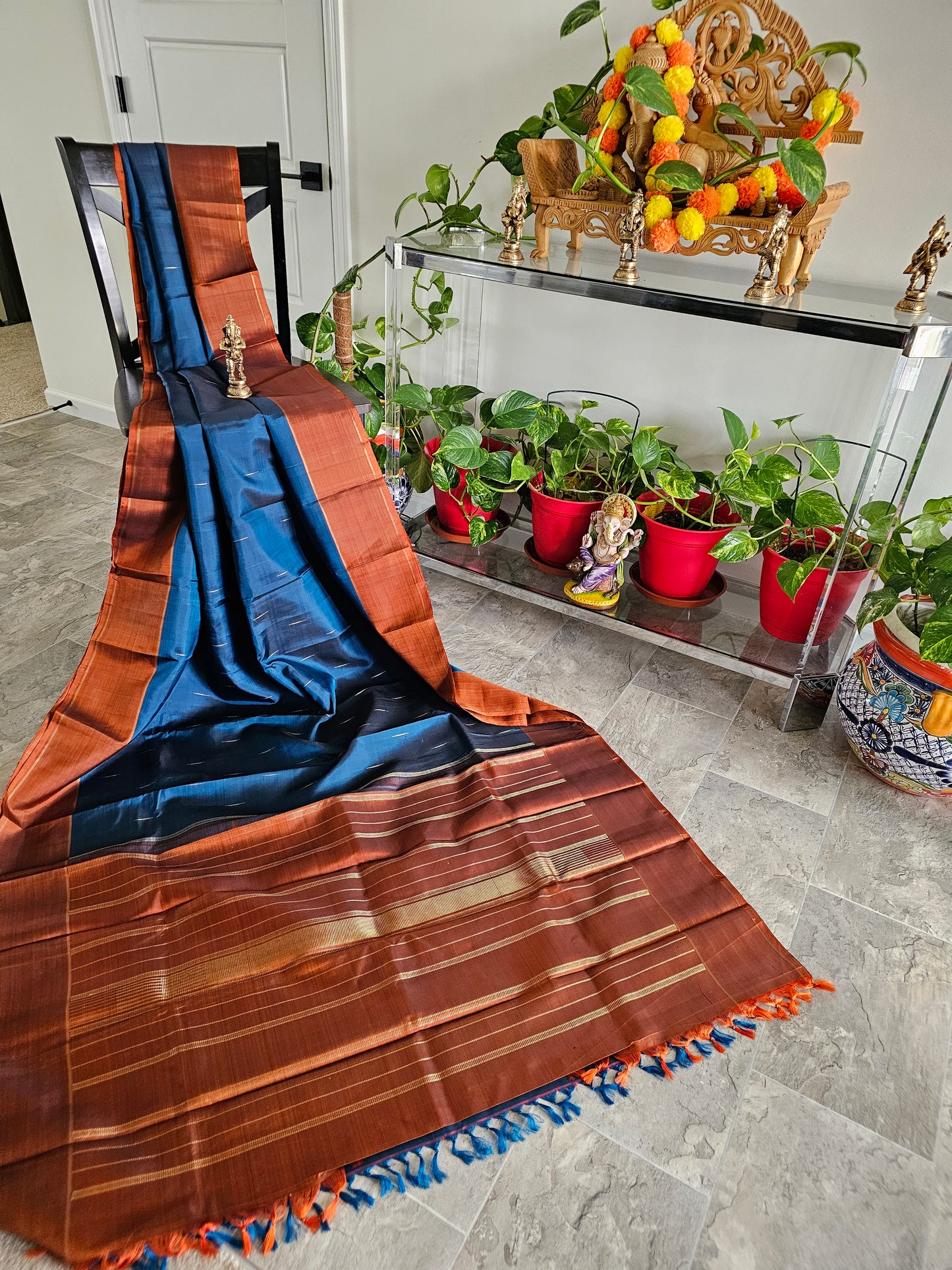 Pure Silk. - Handloom - Dark Peacock blue with rust orange