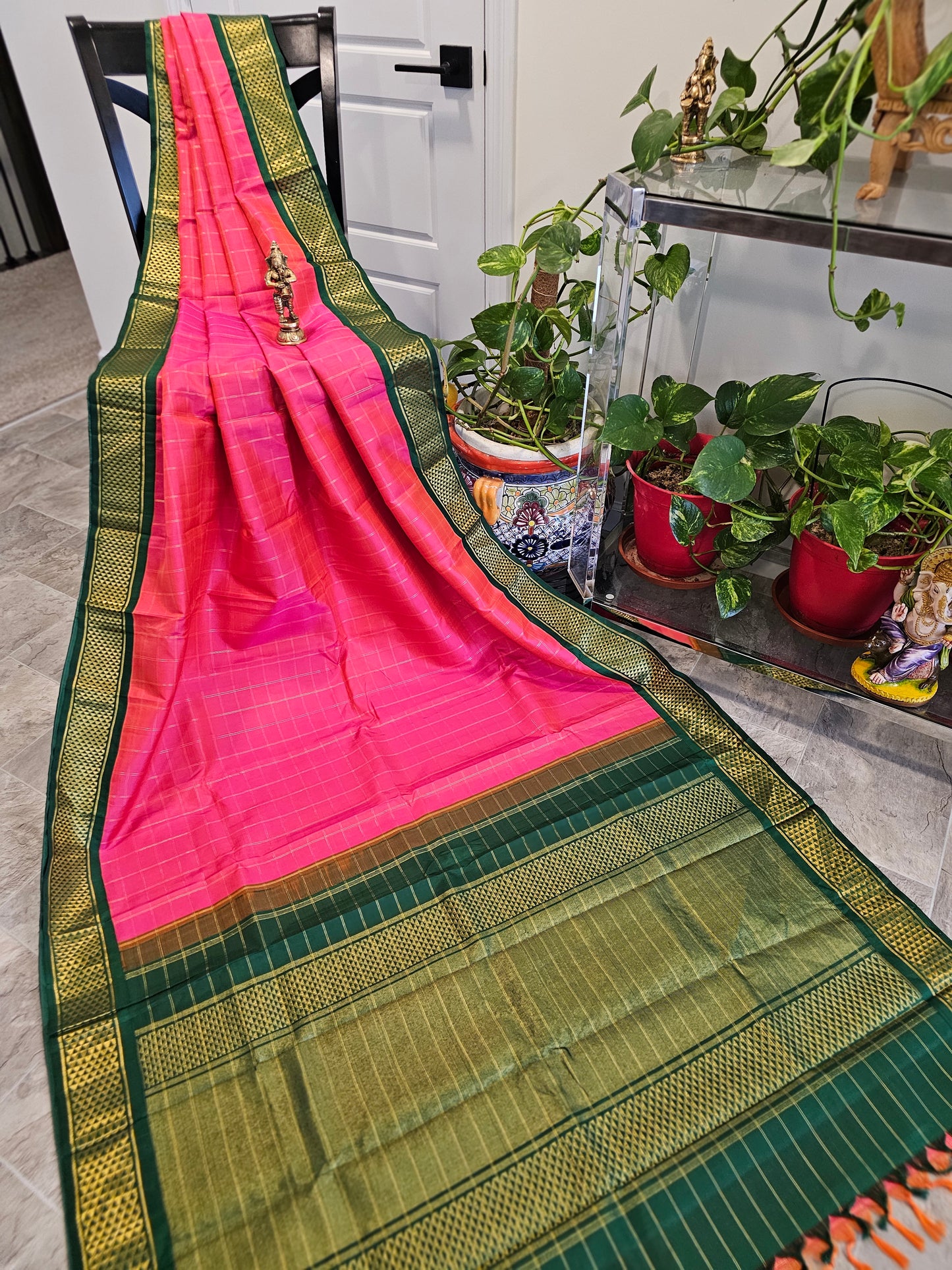 Pure Arani Silk - Dark Lotus pink with green border