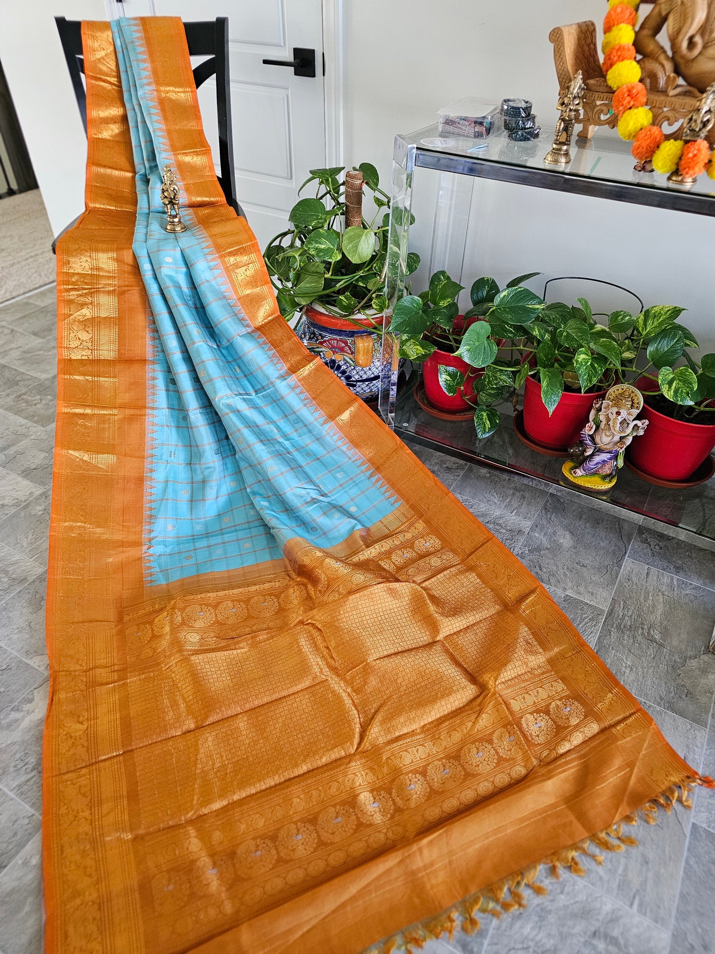 Pure Gadwal Silk - Sky Blue and mustard border