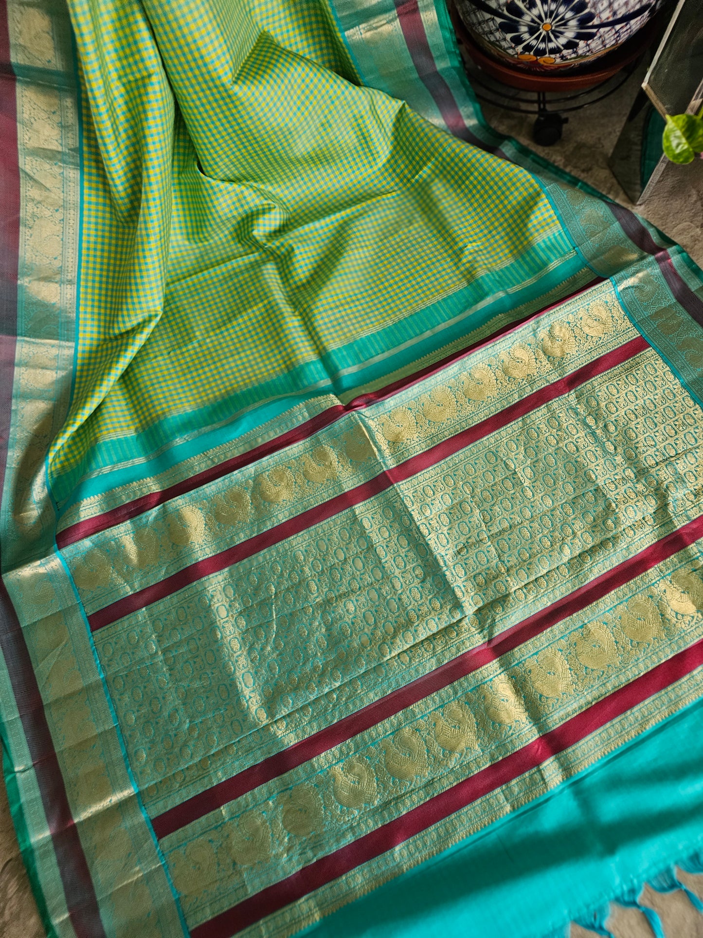 Pure Kanchi pattu - Sea Blue with sea green shade