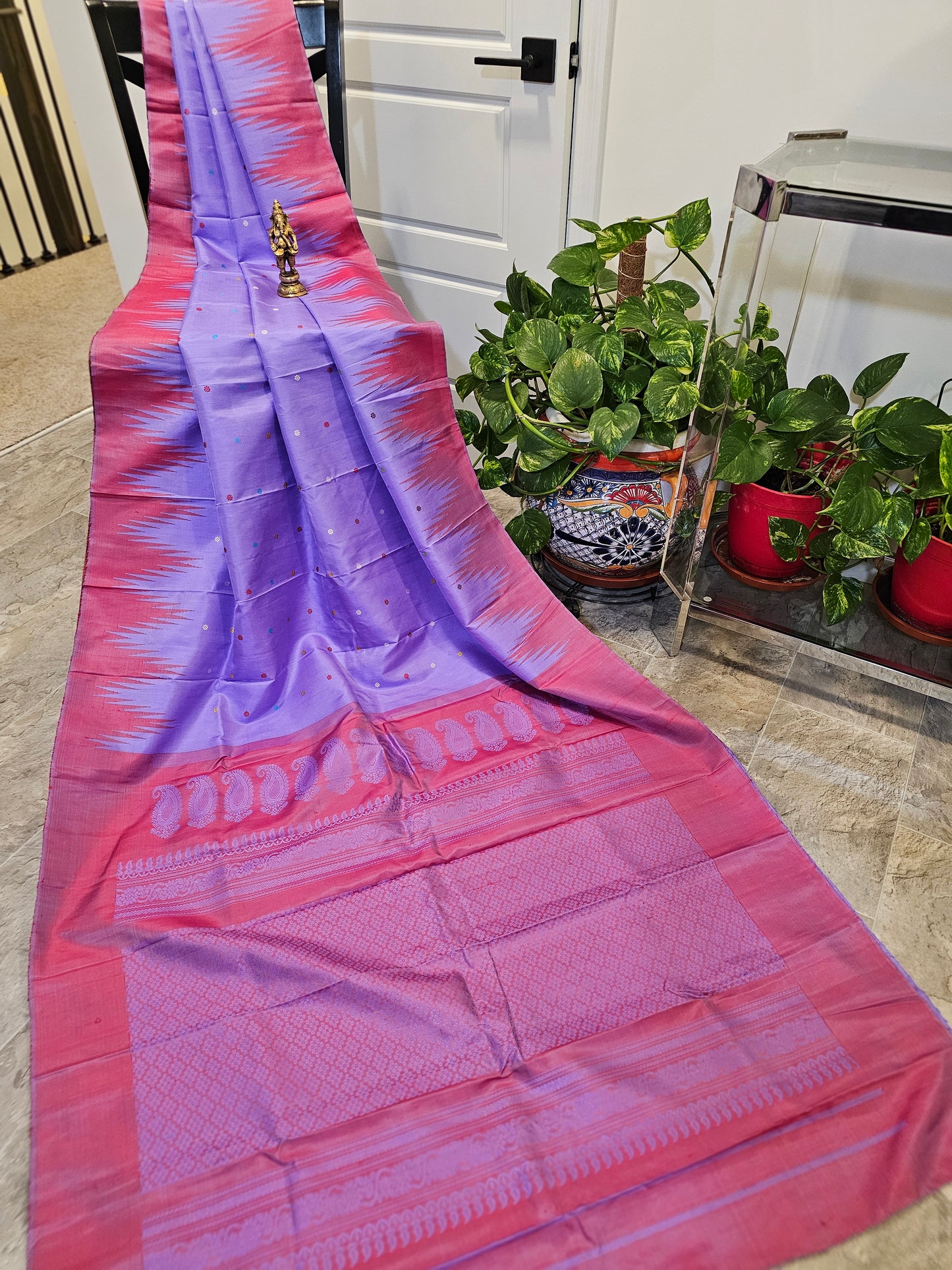 Pure Gadwal Silk - Lavender with Rosy Pink - No Zari