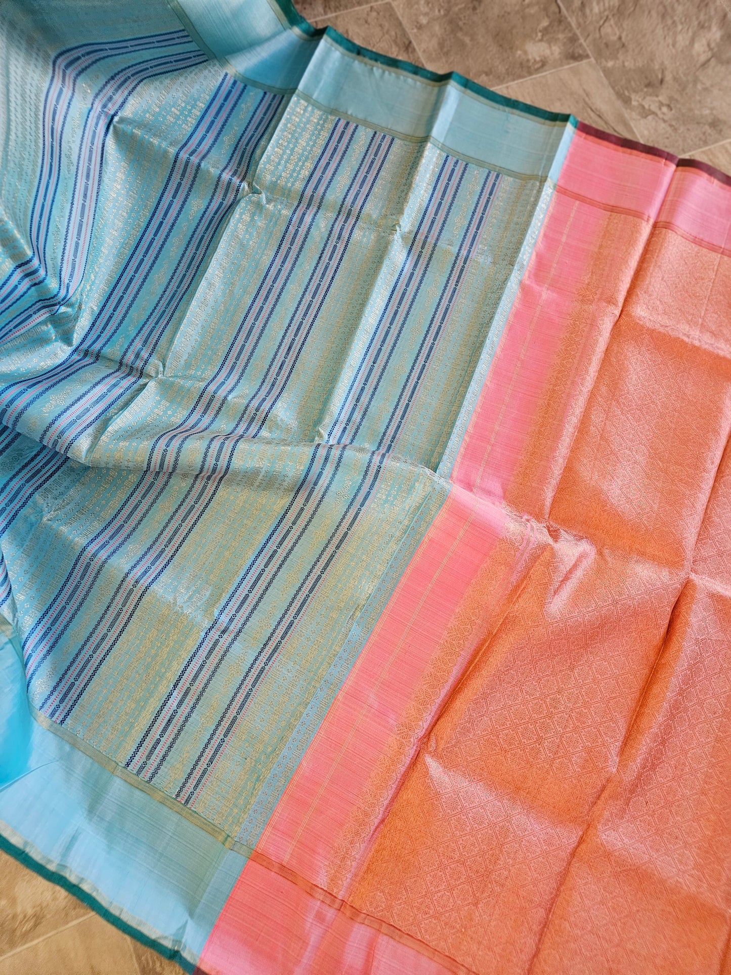 Pure Kanchi Pattu. - Blue and Pink - Threadwork and Zari