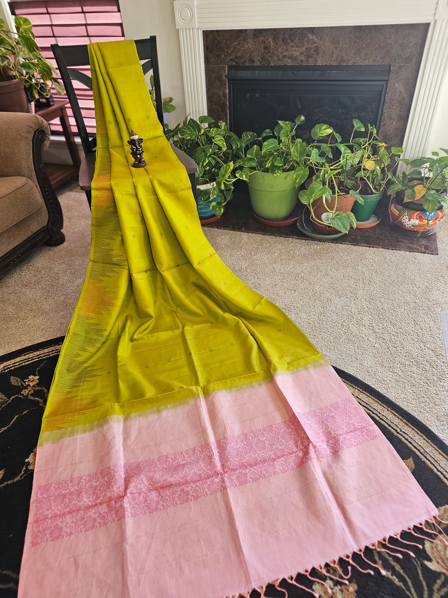 Pure Soft Silk - Leaf Green with baby pink