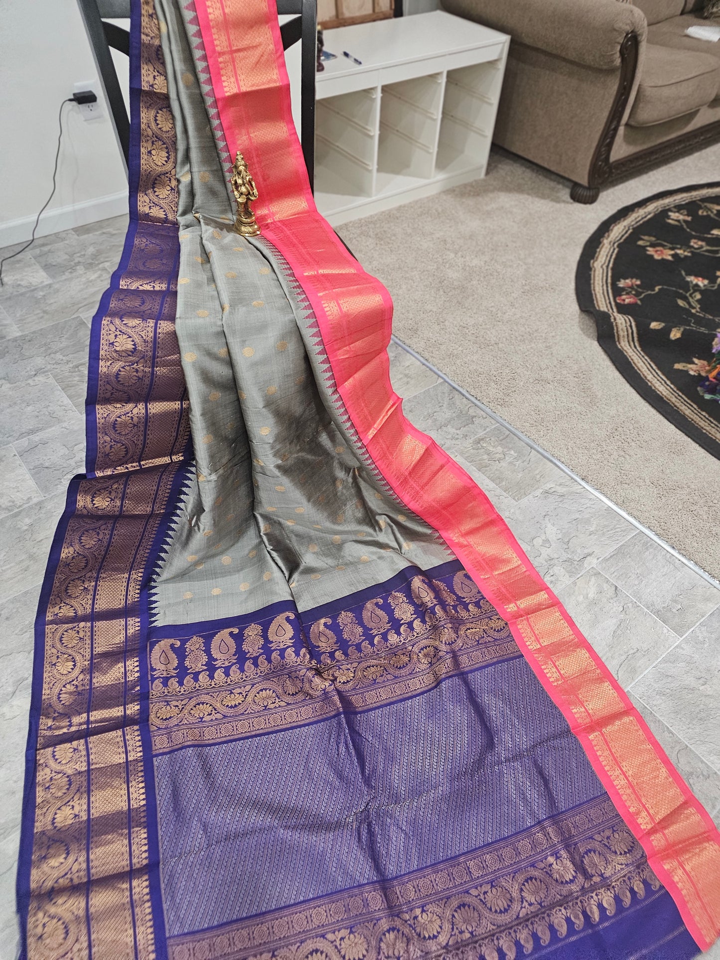 Pure Gadwal Silk - Grey and Blue and Peach
