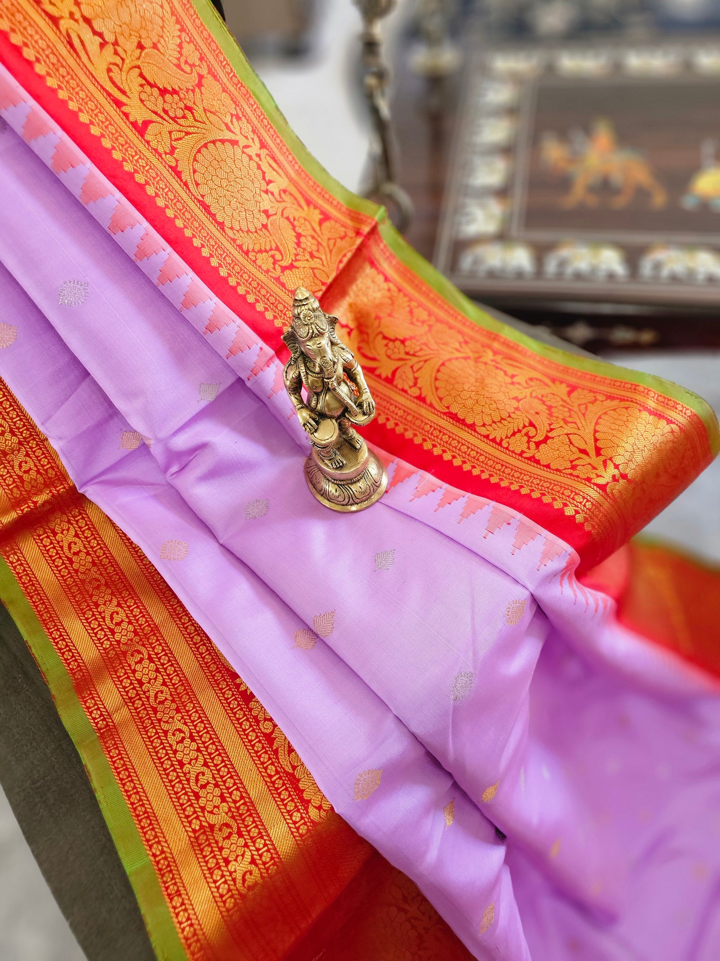 Pure Gadwal Silk - Lavender with orangish red