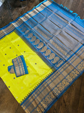 Load image into Gallery viewer, Pure Gadwal Silk - Lemon/Green with blue
