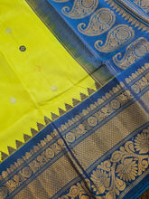 Load image into Gallery viewer, Pure Gadwal Silk - Lemon/Green with blue
