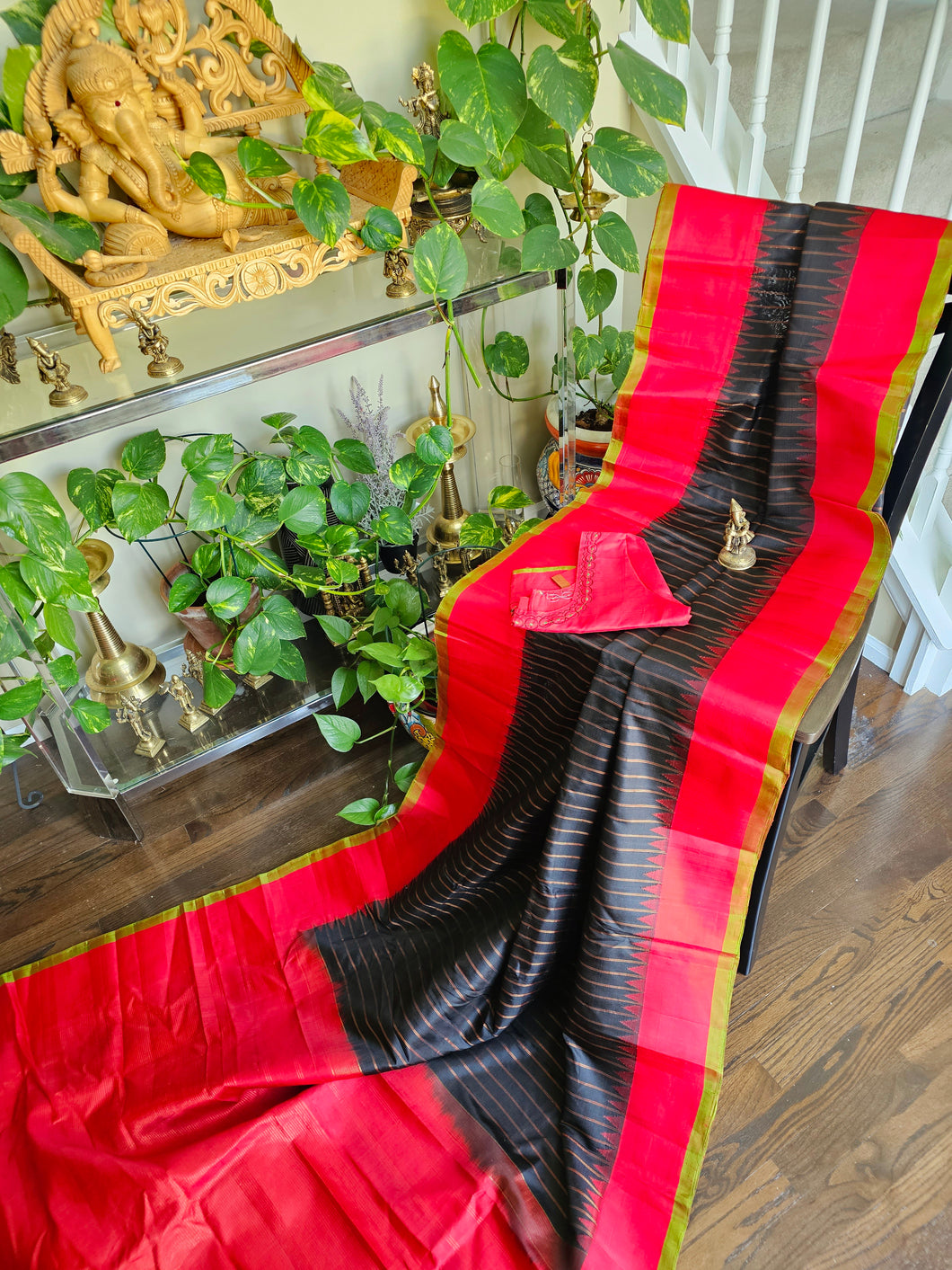 Pure Gadwal Silk - Black with red chili