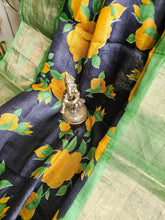 Load image into Gallery viewer, Pure Tussar Silk - Black with yellow flower design
