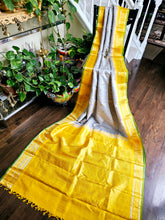Load image into Gallery viewer, Pure Gadwal Silk - Cement Grey with yellow border and pallu
