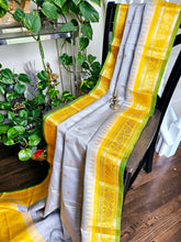 Load image into Gallery viewer, Pure Gadwal Silk - Cement Grey with yellow border and pallu
