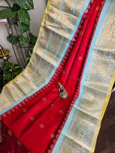 Load image into Gallery viewer, Pure gadwal Silk - Scarlet Red with ice blue
