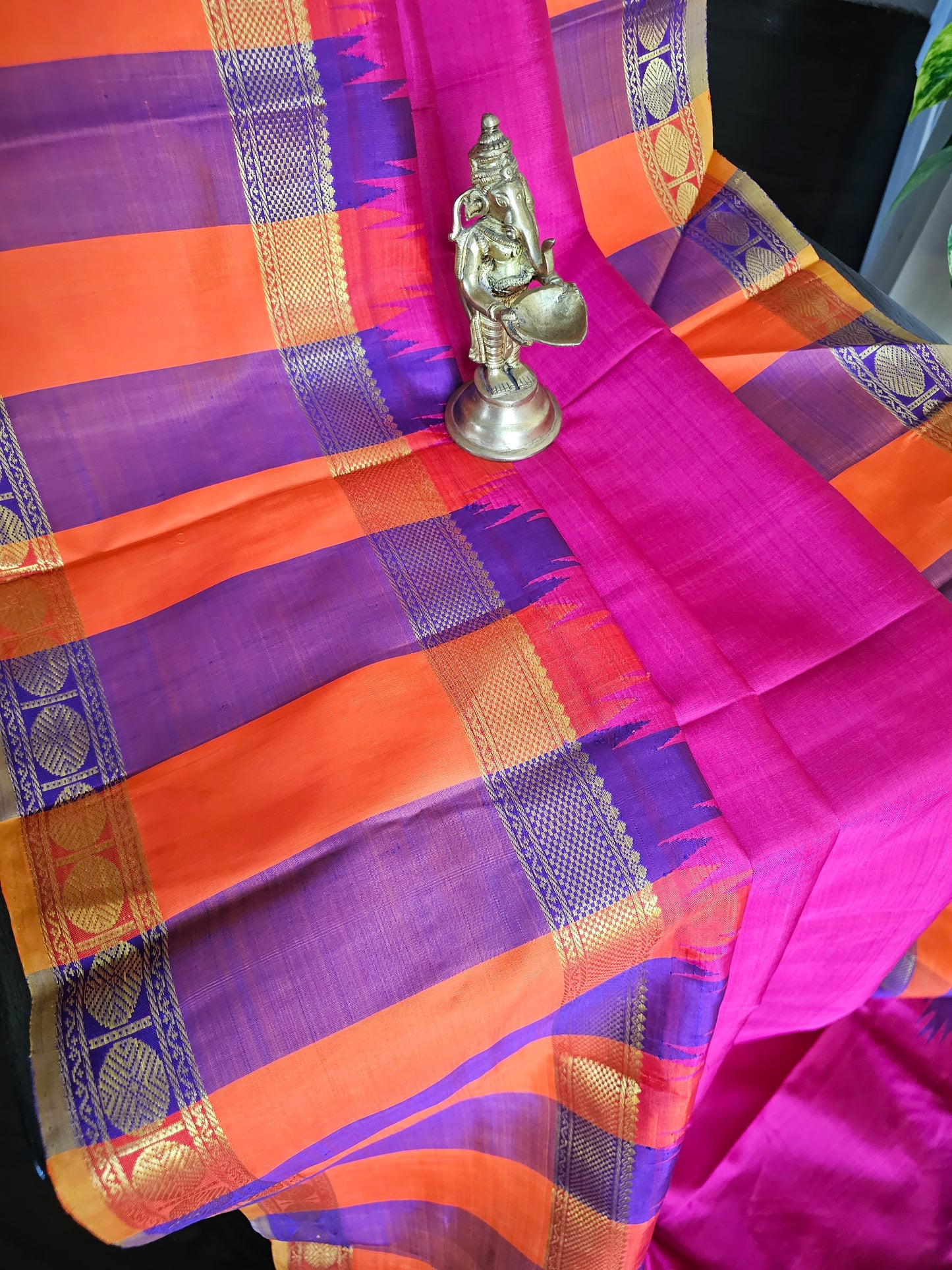 Pure Kanchi Pattu - Pink with orange and purple reeta peet borders