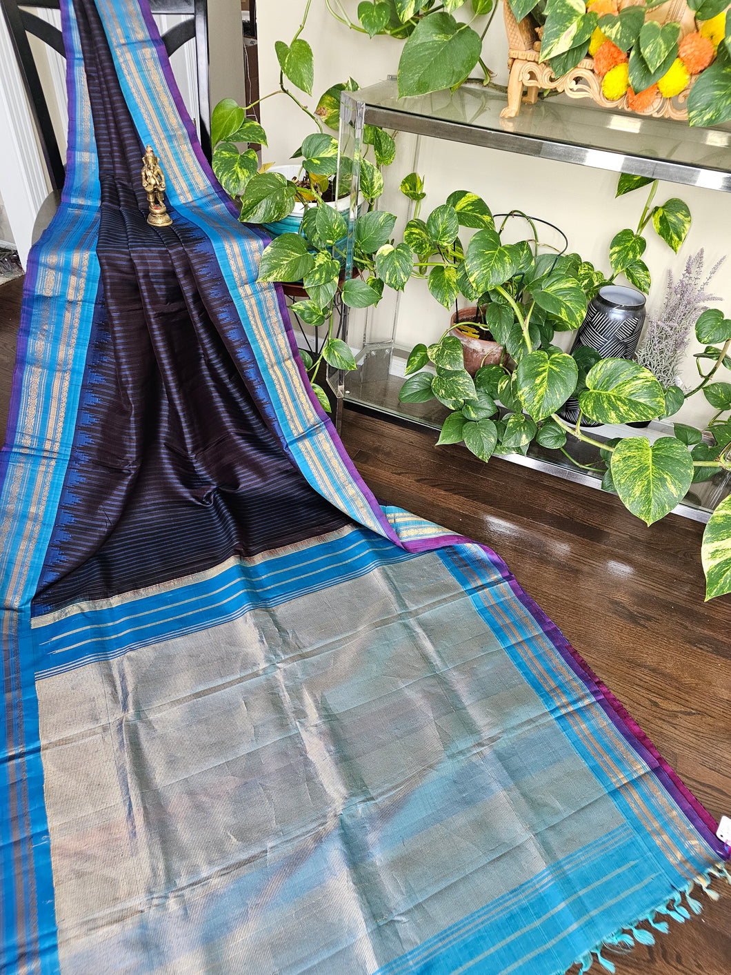 Pure Gadwal Silk - Navy Blue with Blue and purple
