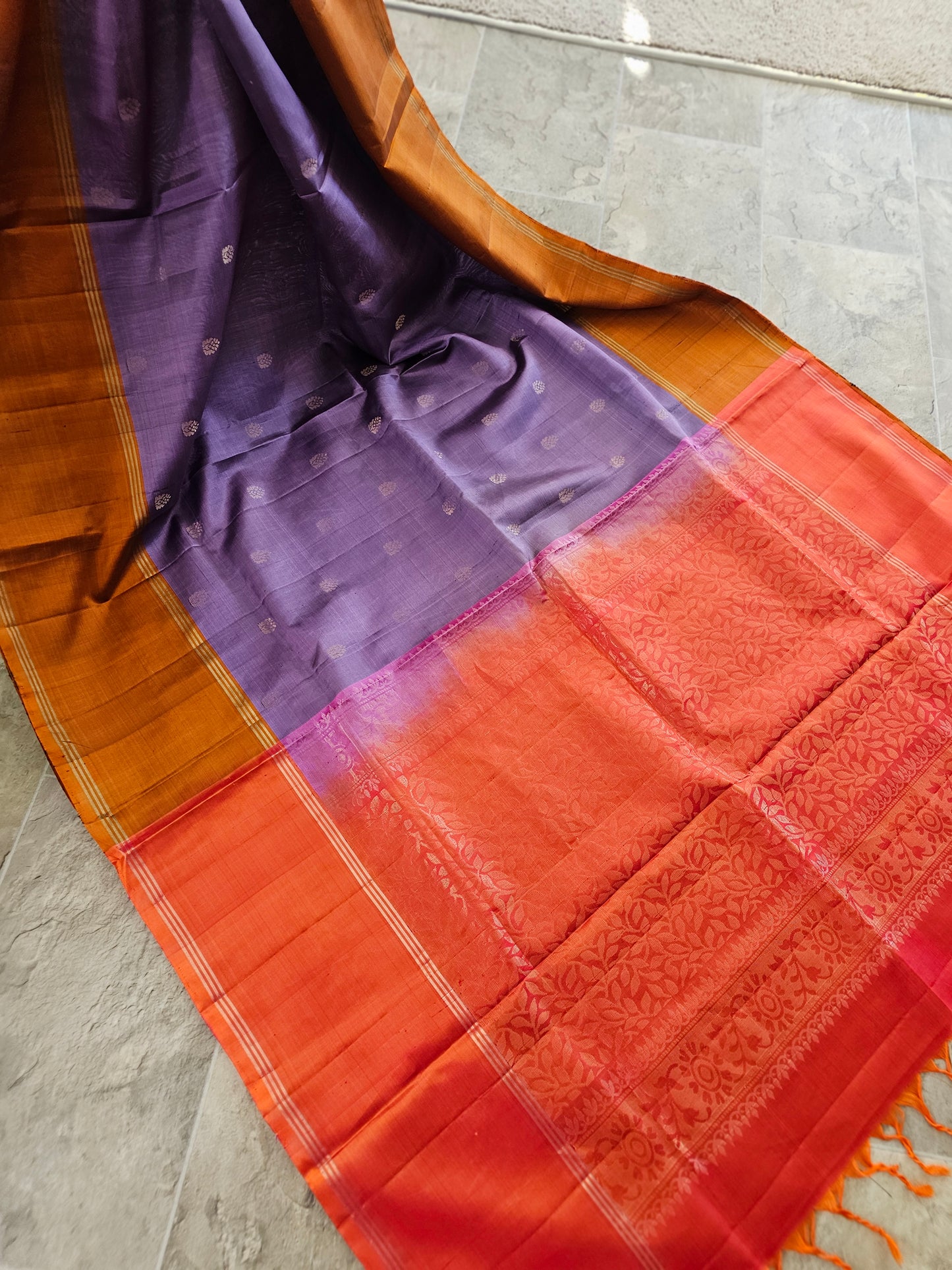 Pure Soft Silk - Lavendar and Rust with dark peach border