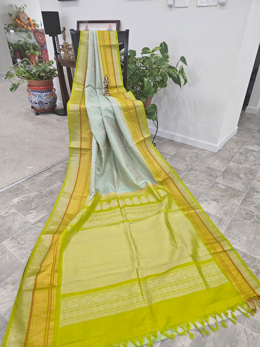 Pure Gadwal Silk - Pastel Shade of light pista color and light leaf green