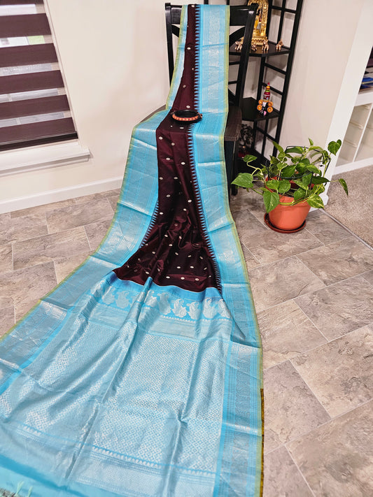 Pure Gadwal Silk - Dark Coffee brown with electric blue combhination