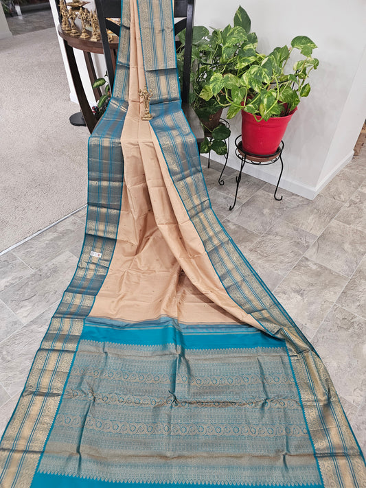 Pure Kanchi Pattu - Cream and Teal combination