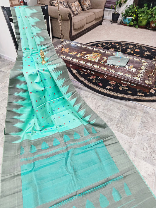 Pure Gadwal Silk - Sea Blue and grey no zari