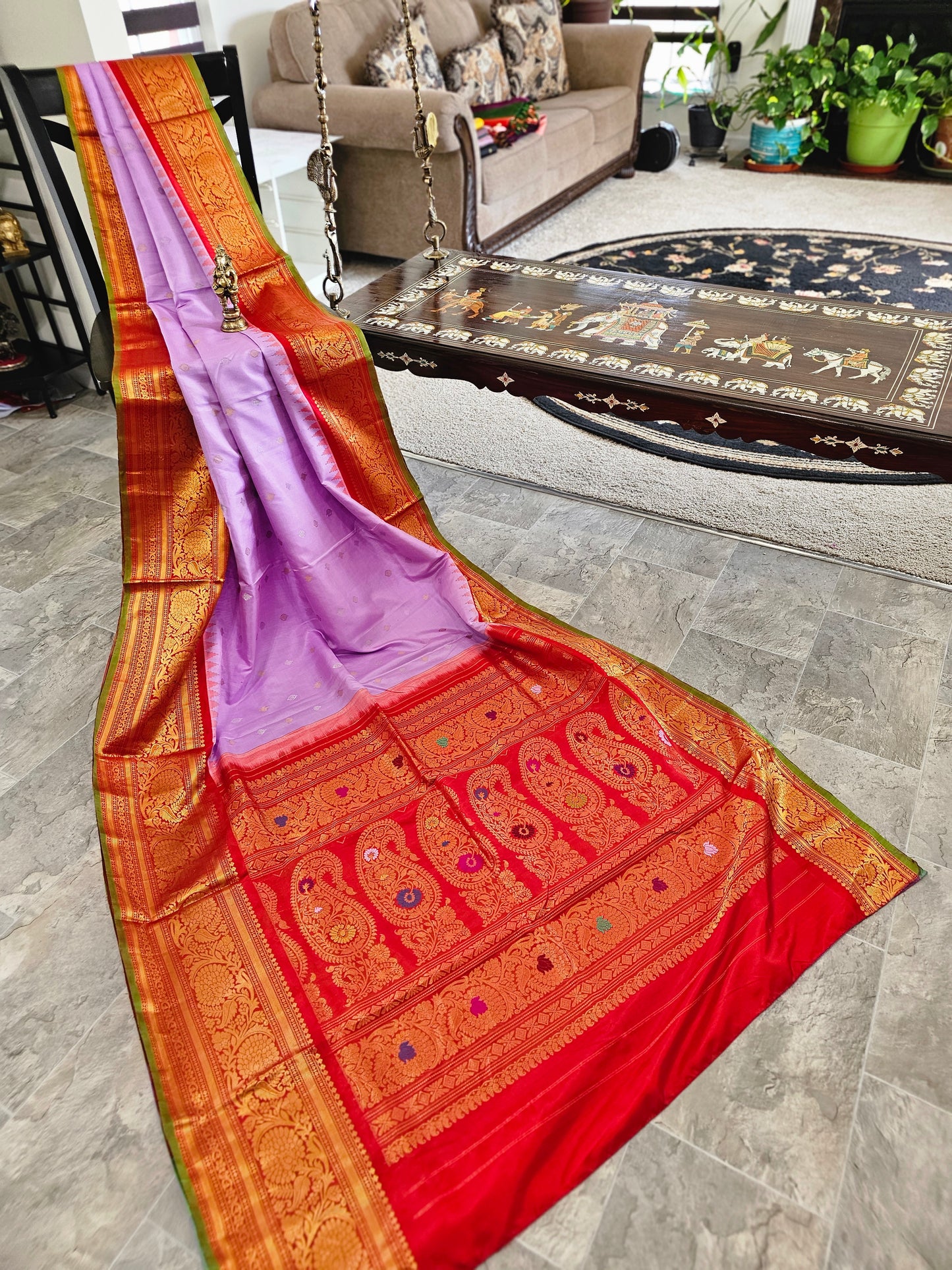 Pure Gadwal Silk - Lavender with orangish red
