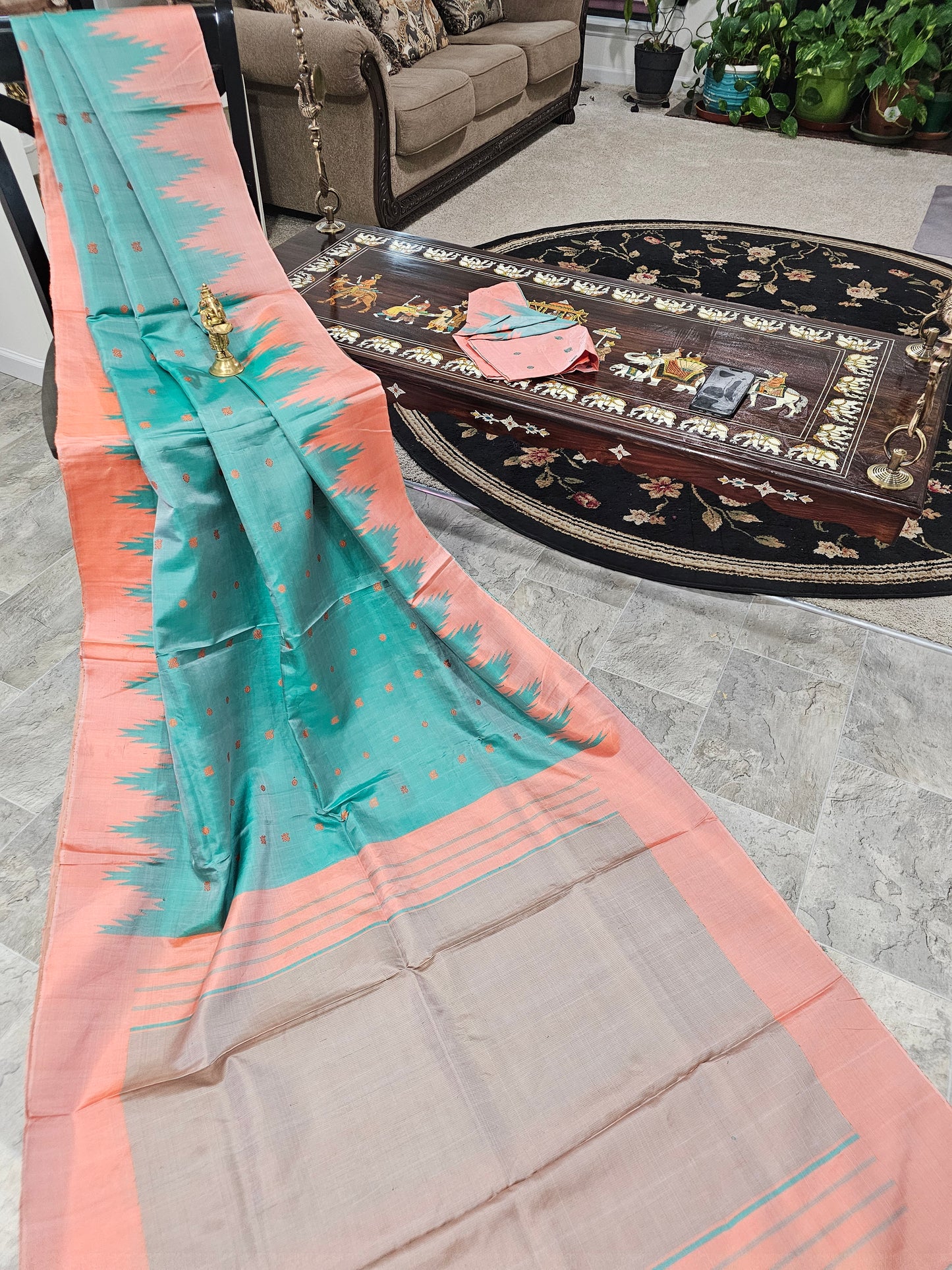 Pure Gadwal Silk - Sea green with peach - Order for Deepa - 2nd payment