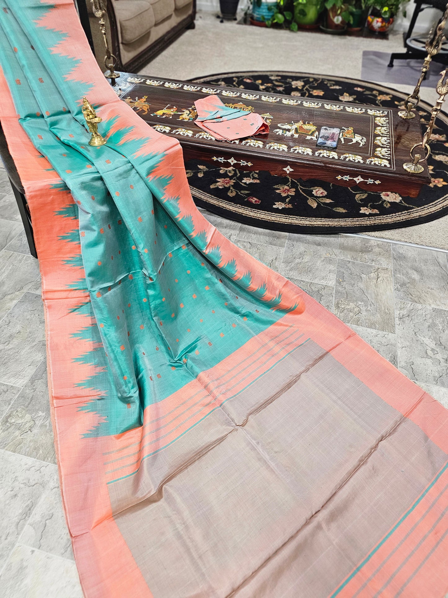 Pure Gadwal Silk - Sea green with peach - Order for Deepa - 2nd payment