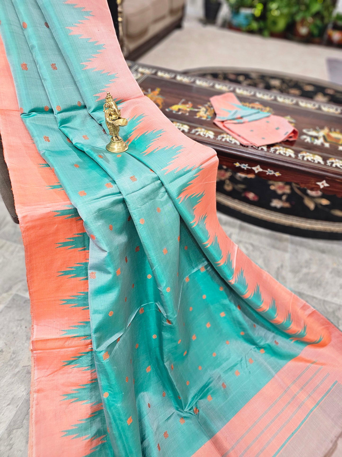 Pure Gadwal Silk - Sea green with peach - Order for Deepa - 2nd payment
