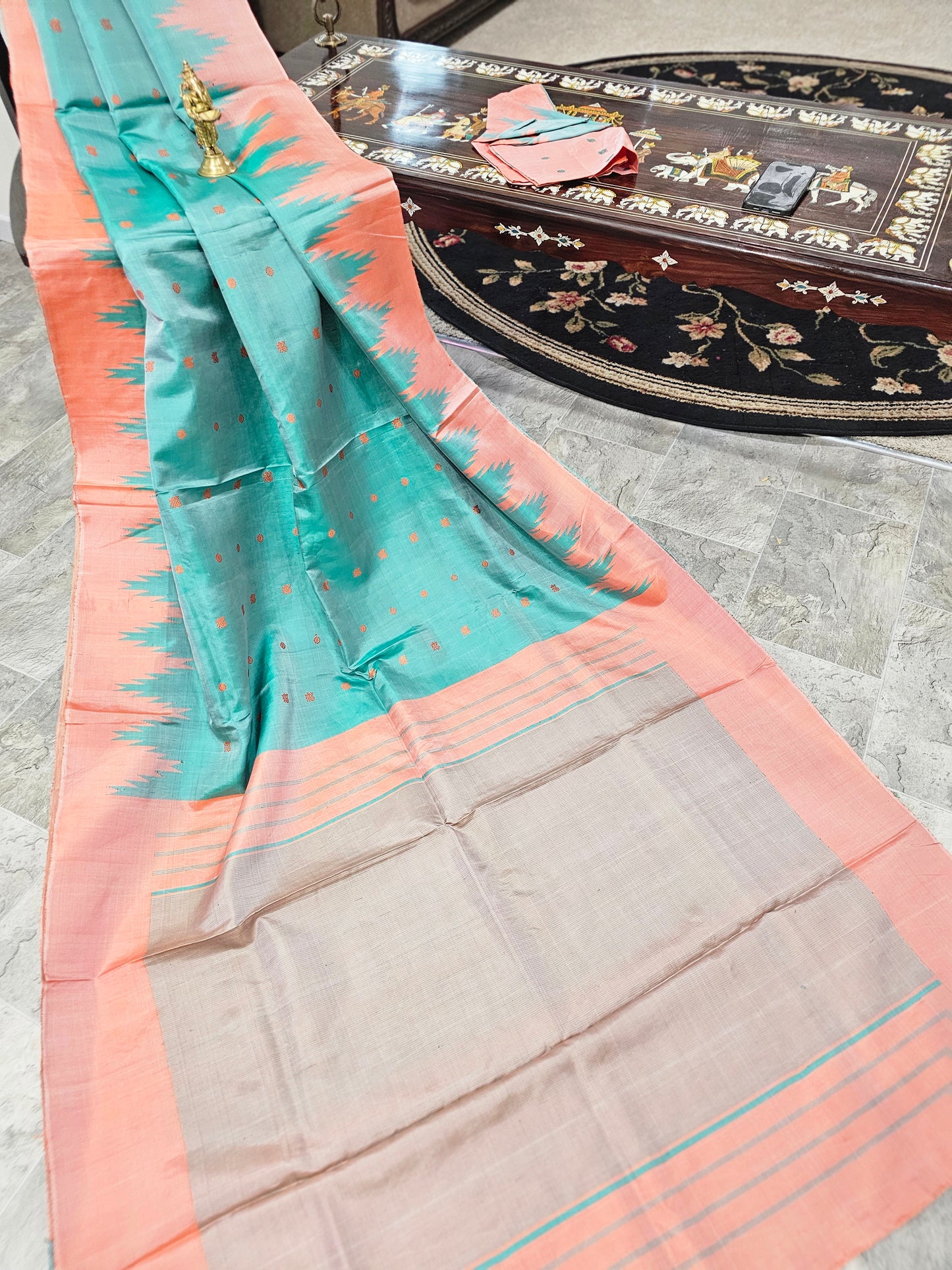Pure Gadwal Silk - Sea green with peach - Order for Deepa - 2nd payment