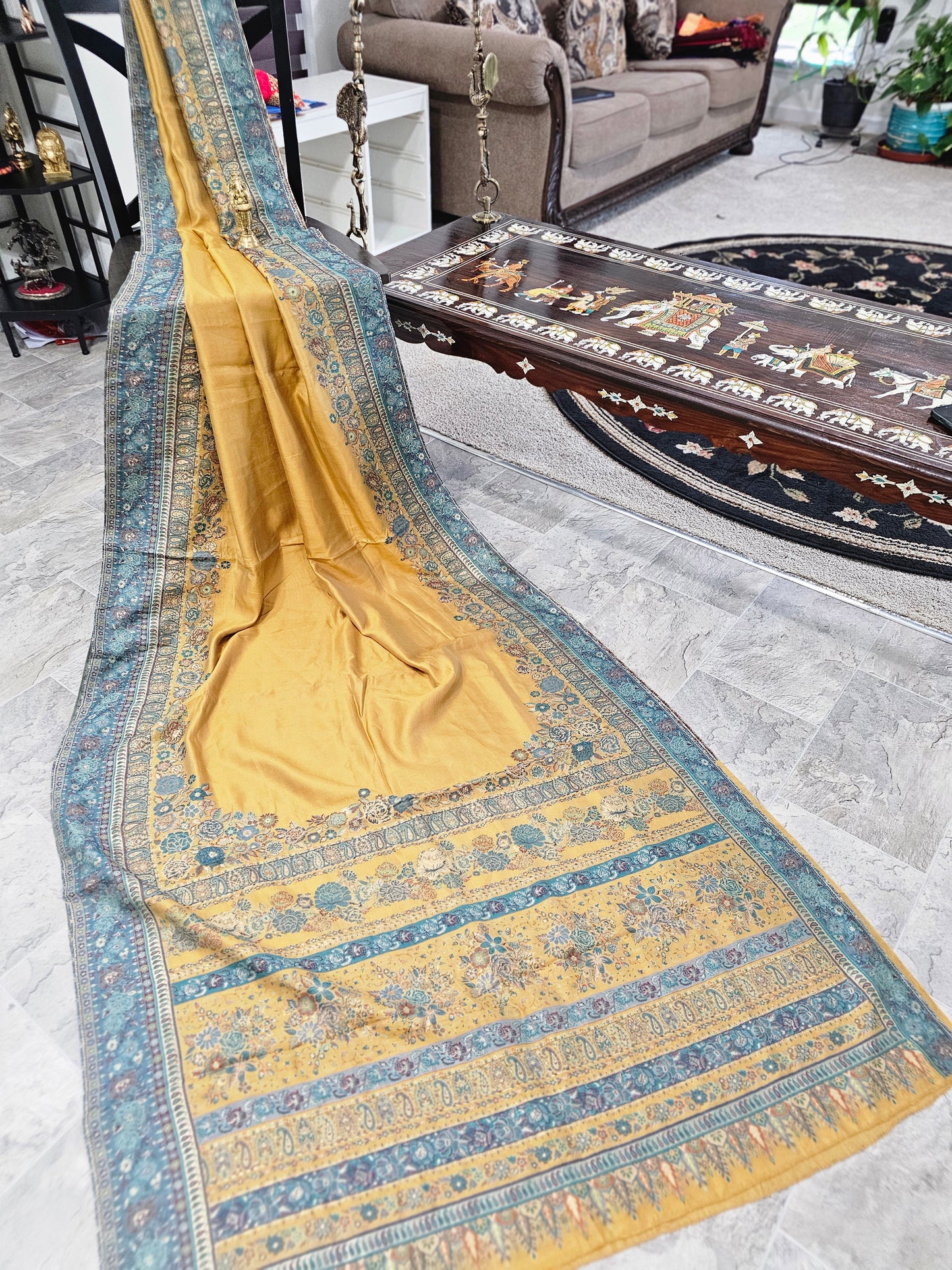 Pure Kani silk- Mustard and Blue