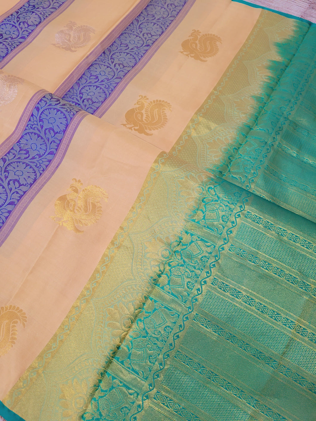 Pure Kanchipuram Soft Silk - Cream and Blue  vertical lines and teal pallu