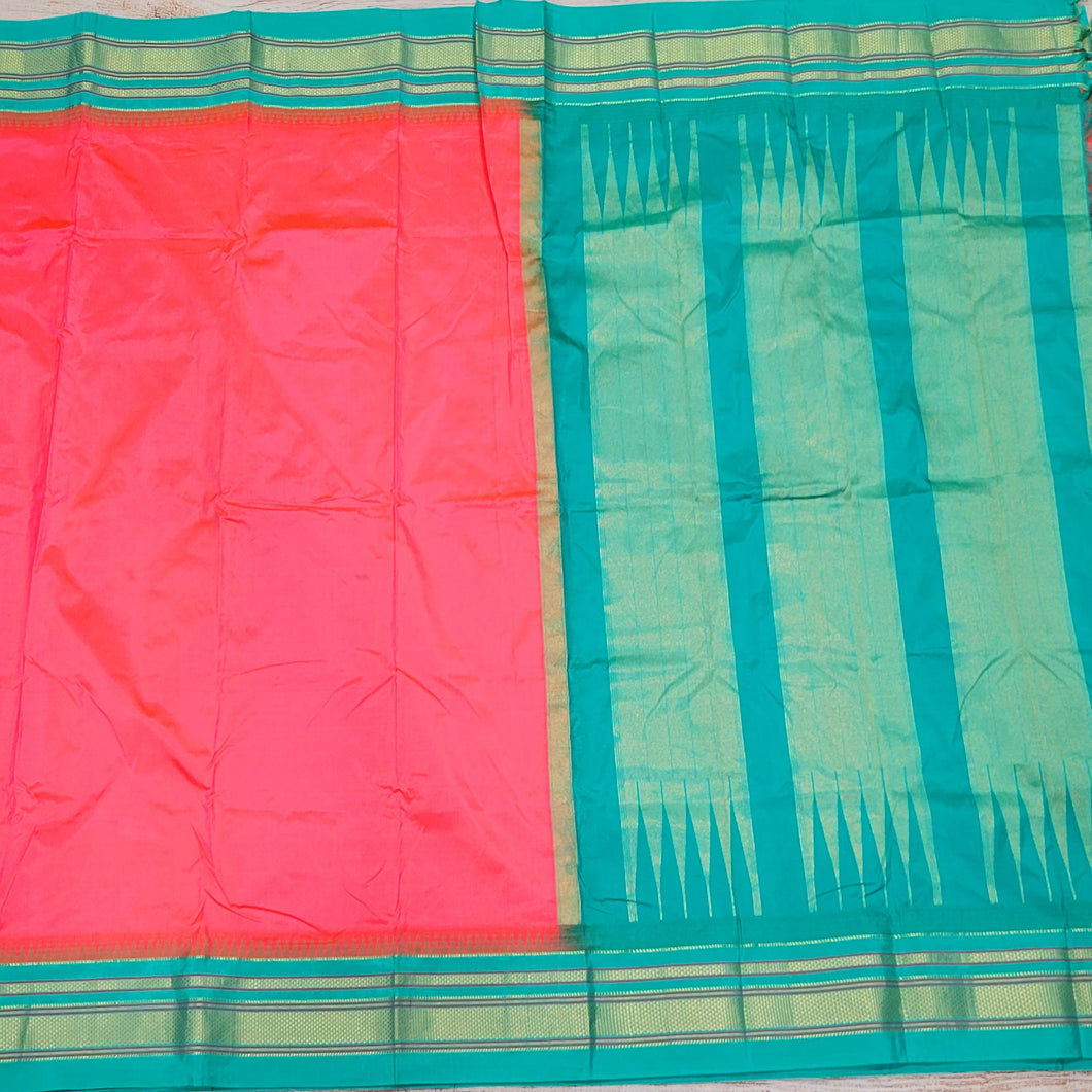 Pure Ikkal Pattu - Florescent  Pink with sea green border